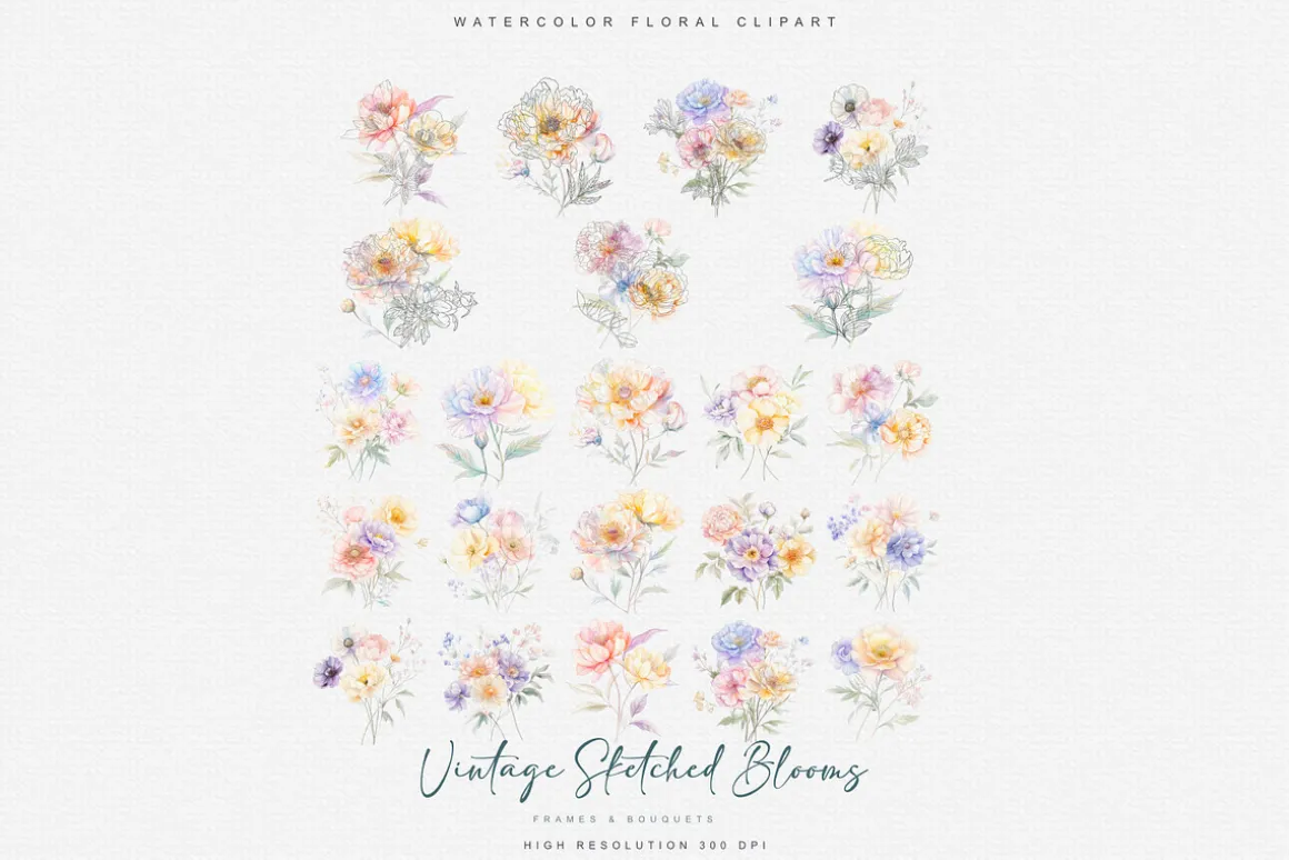 vintage delicate florals clipart set