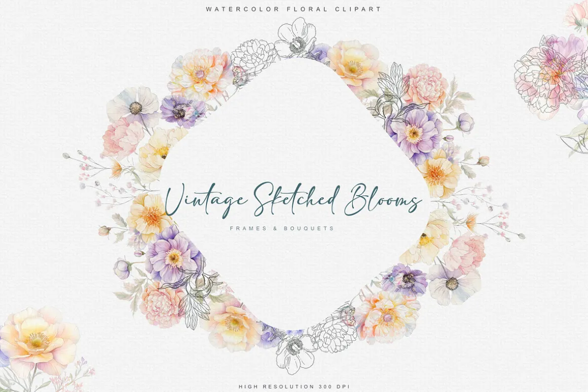 vintage delicate florals clipart set