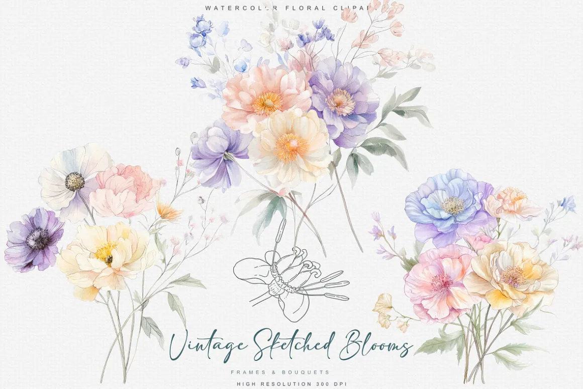 vintage delicate florals clipart set