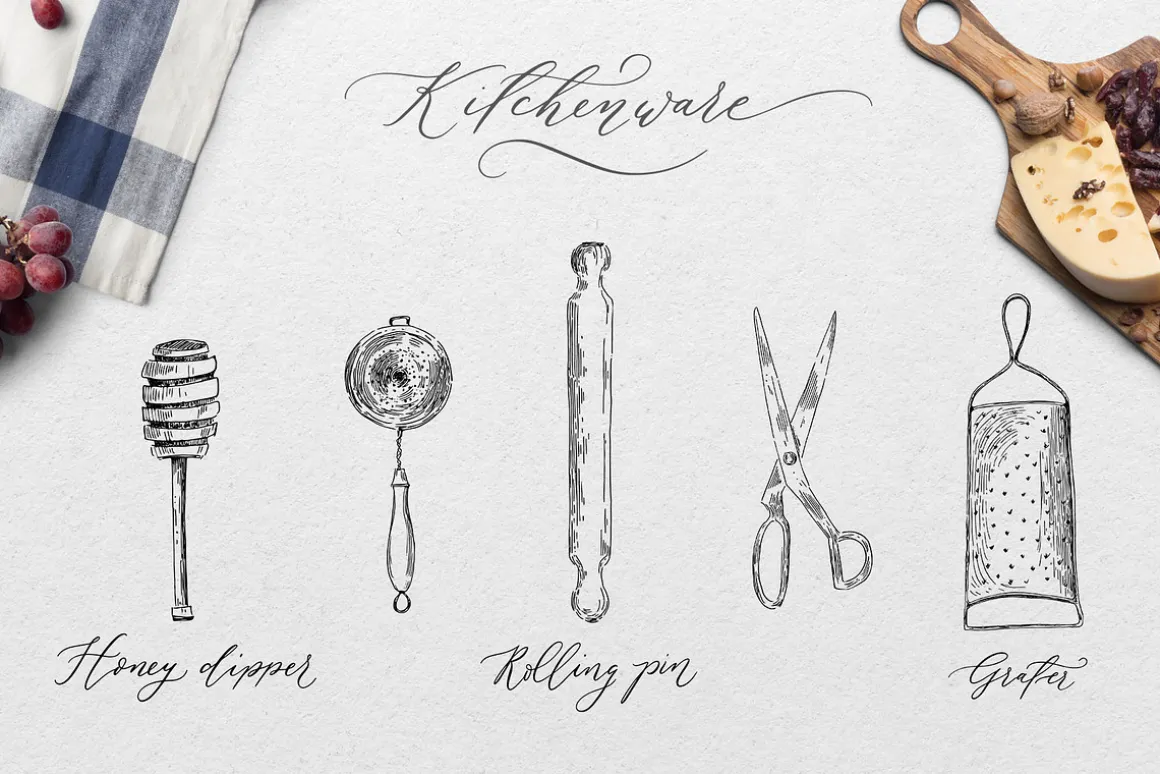 Vintage kitchen tools. Recipe book