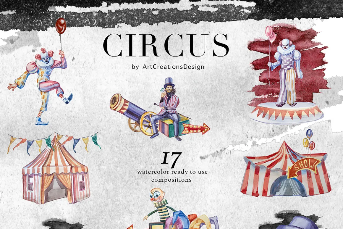 Watercolor Circus Clipart Set
