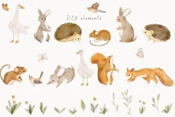 Watercolor Cute Animals in Garden