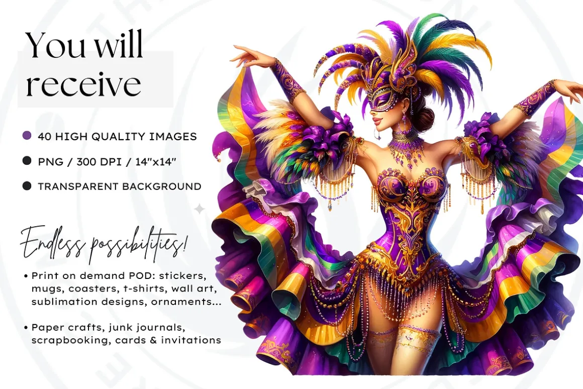 Watercolor Mardi Gras Clipart set