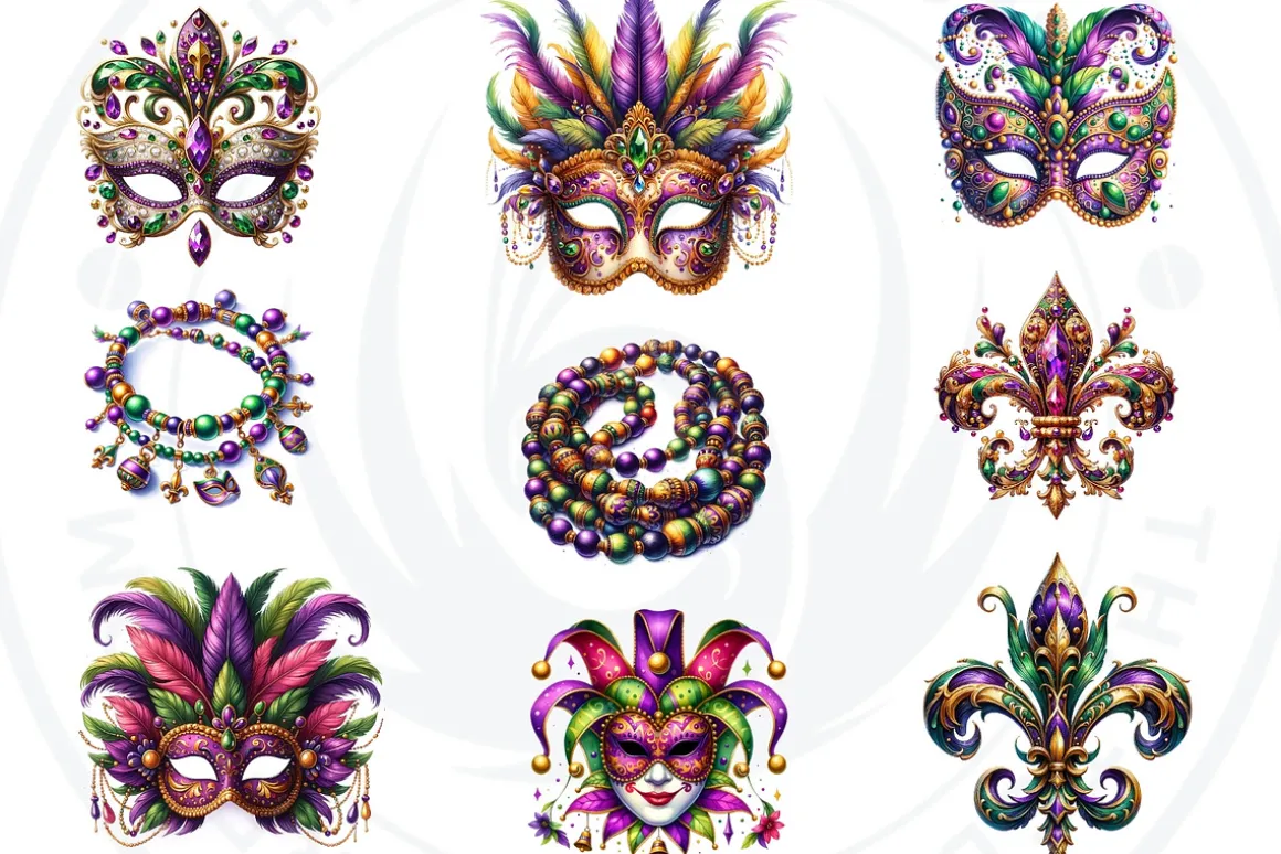 Watercolor Mardi Gras Clipart set