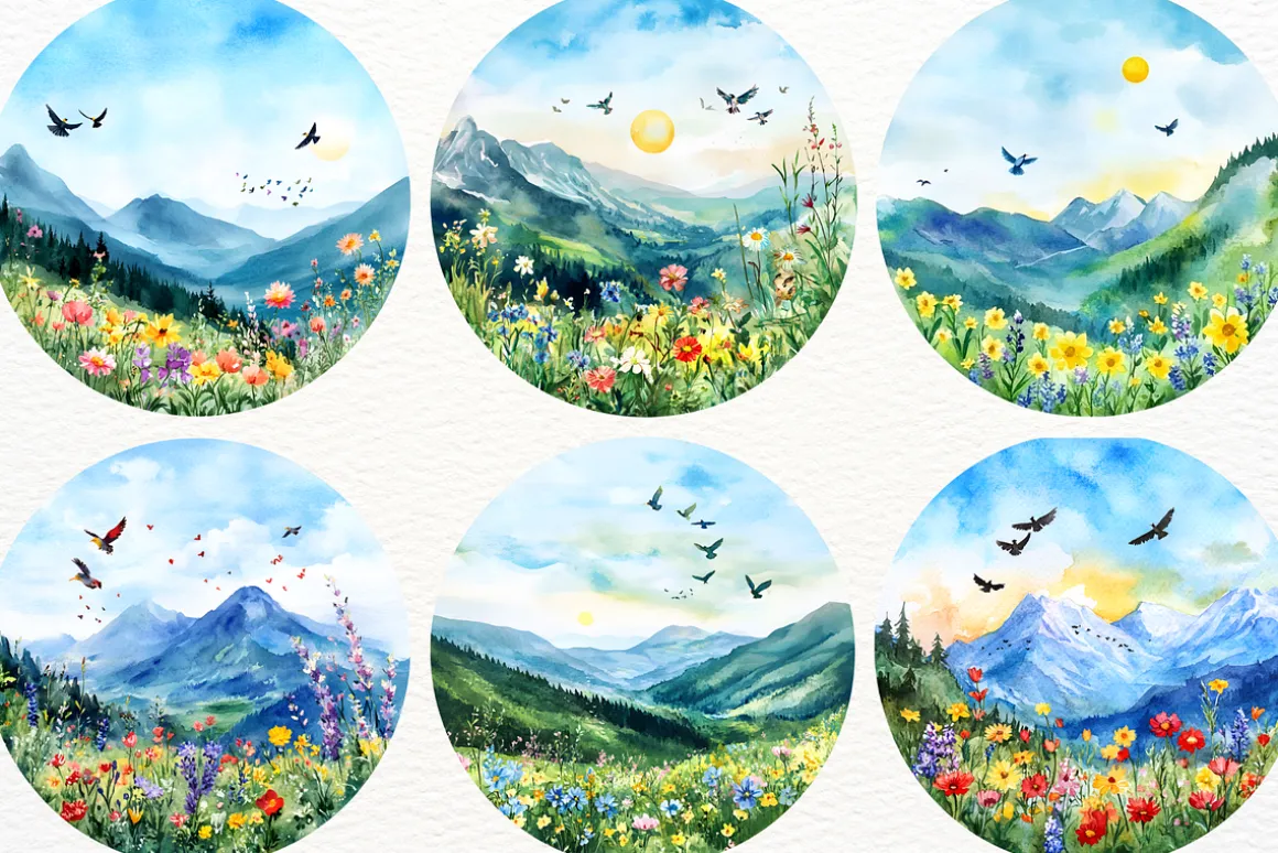 Watercolor Mountain Landscape PNG