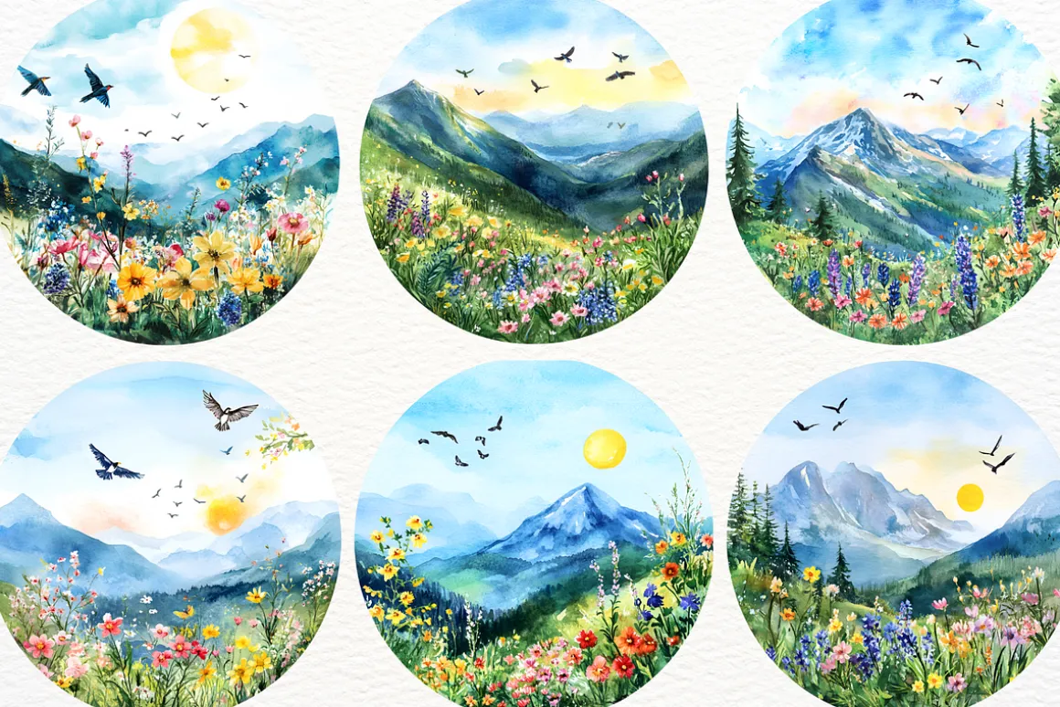 Watercolor Mountain Landscape PNG