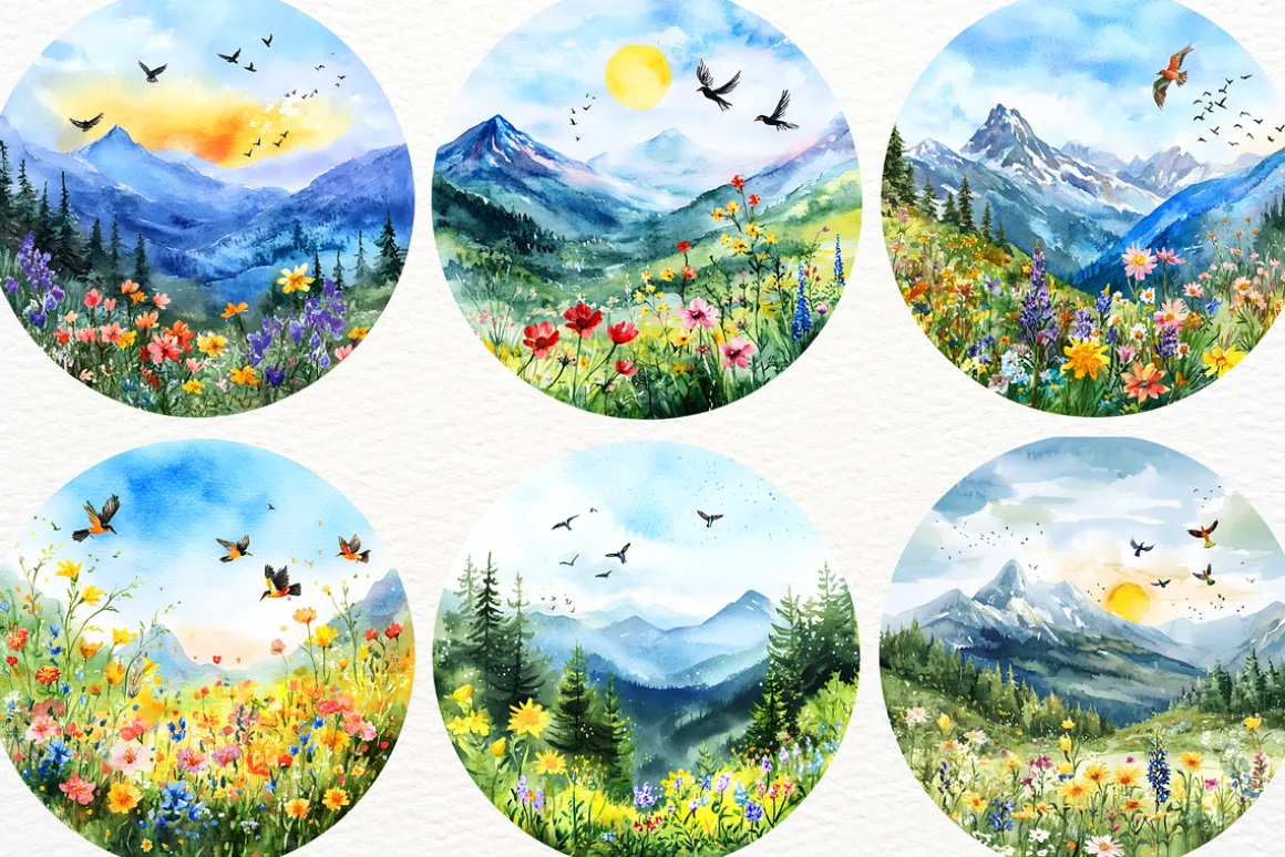 Watercolor Mountain Landscape PNG