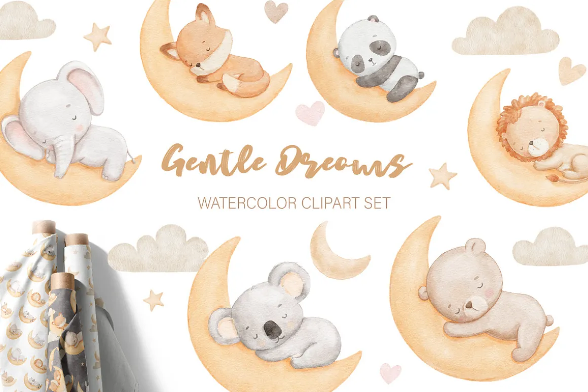 Watercolor sleeping baby animals