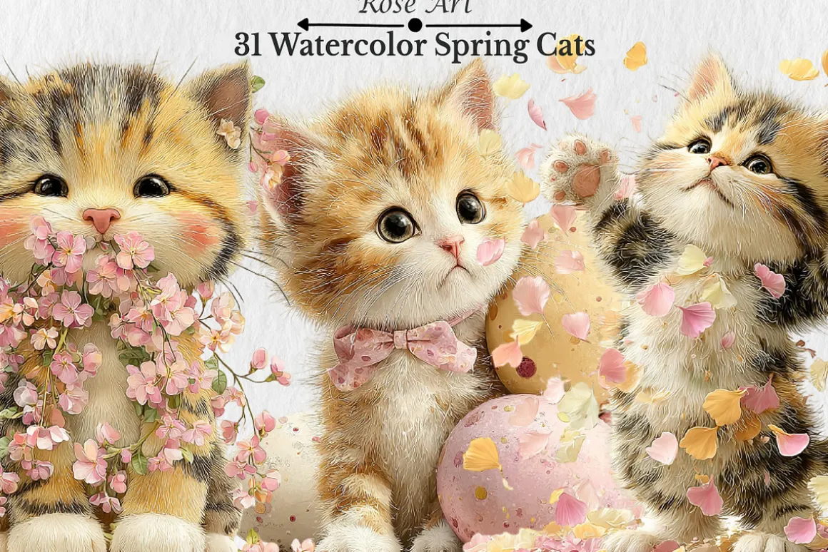 Watercolor Spring Cats Clipart