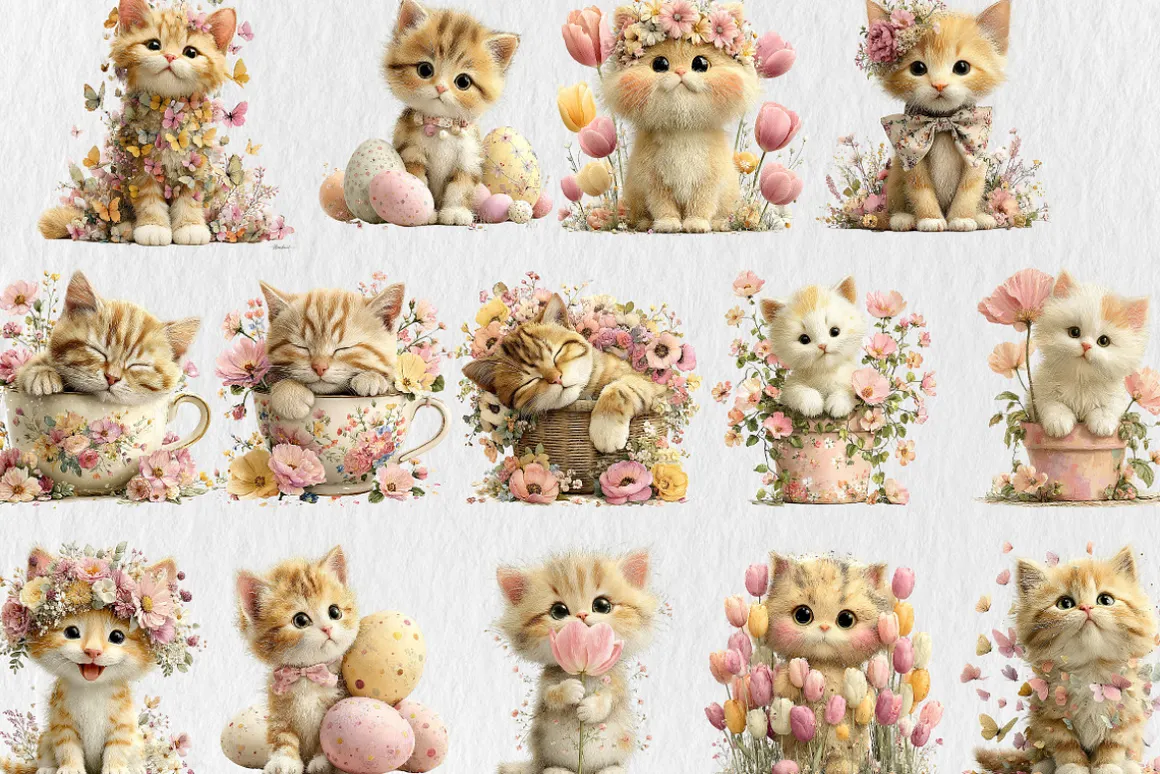 Watercolor Spring Cats Clipart