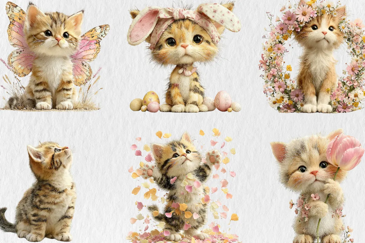 Watercolor Spring Cats Clipart