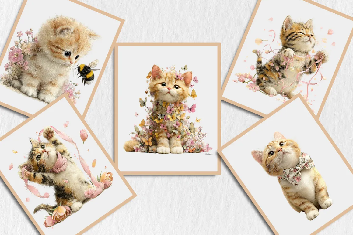 Watercolor Spring Cats Clipart