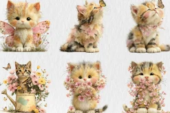 Watercolor Spring Cats Clipart
