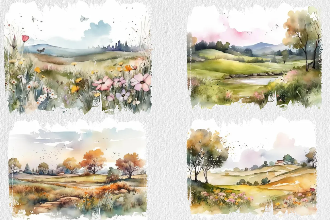 Watercolor Spring Meadows Clipart