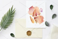 Watercolor starfish, shells, crabs