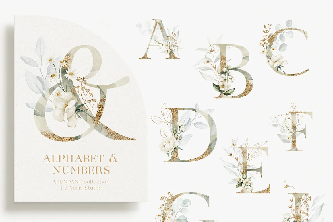 Watercolor White Floral Alphabet Set