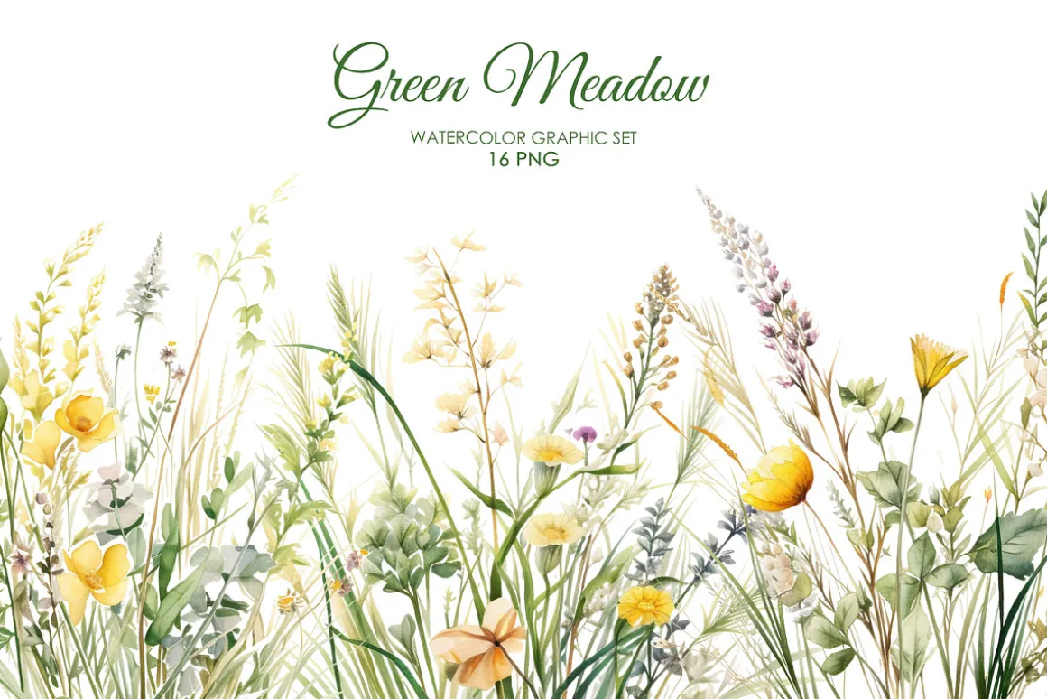 Watercolror Grean meadow clipart.