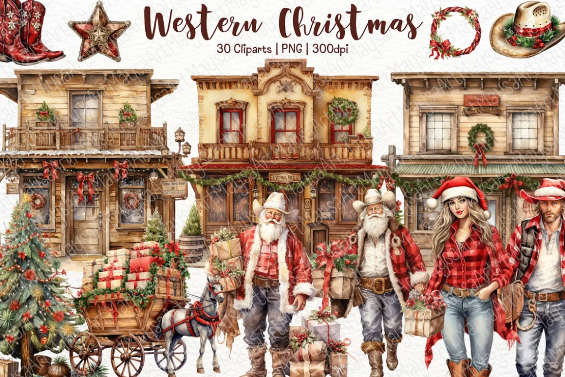Western Christmas Watercolor Clipart