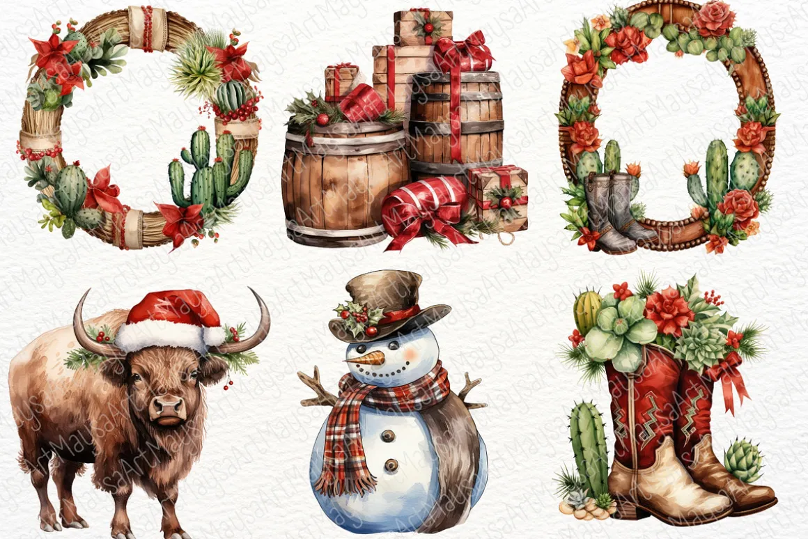 Western Christmas Watercolor Clipart
