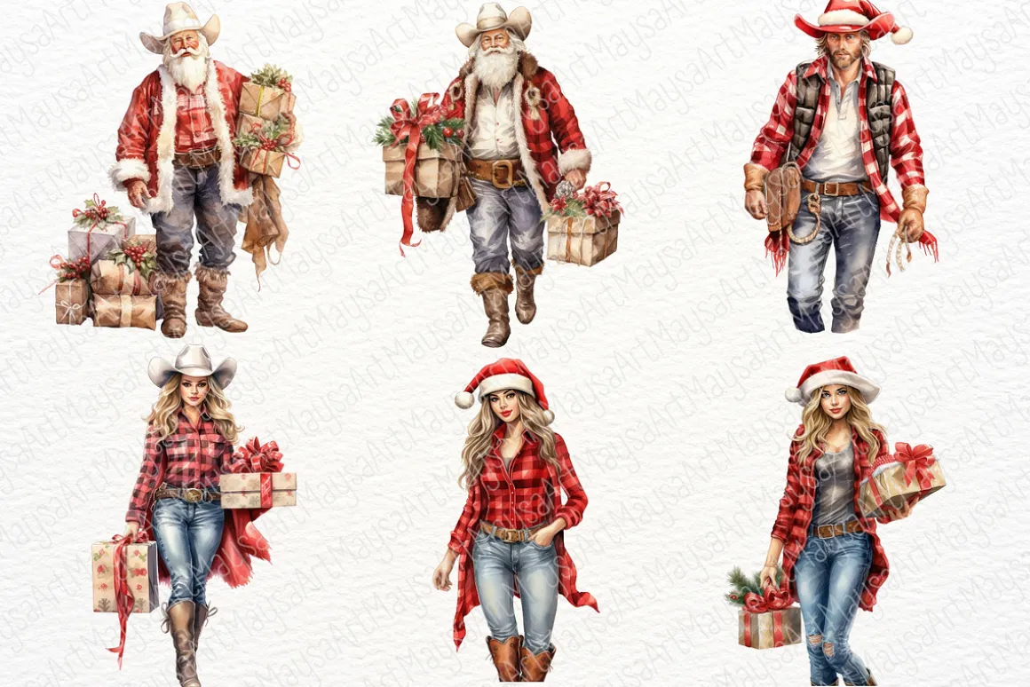 Western Christmas Watercolor Clipart