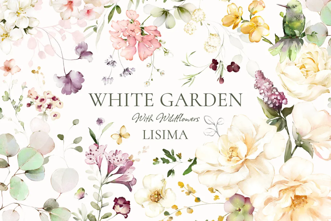 White roses & wildflowers floral set