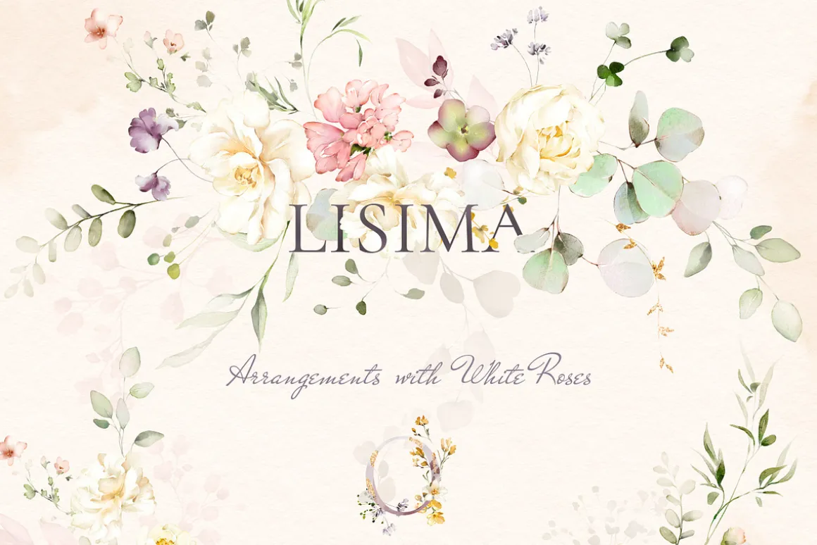 White roses & wildflowers floral set