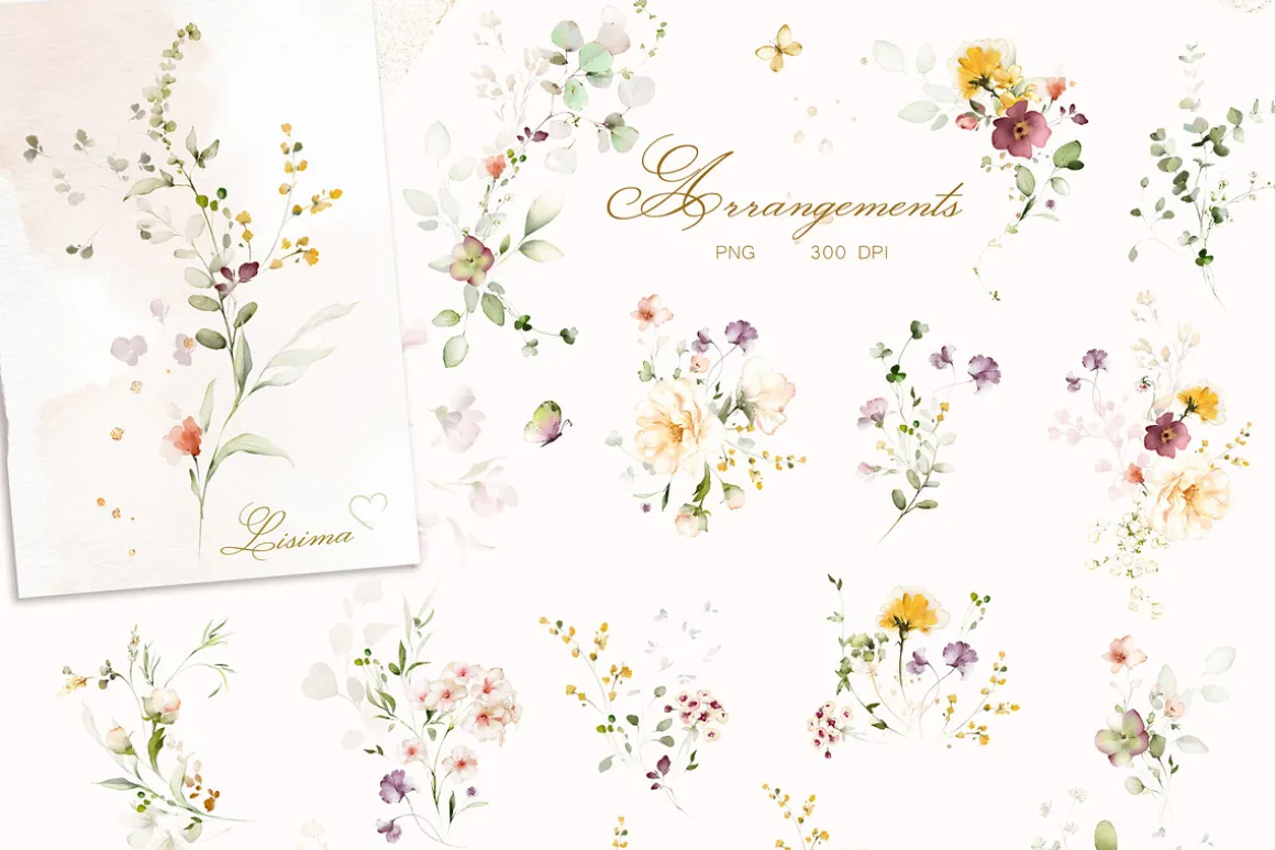 White roses & wildflowers floral set