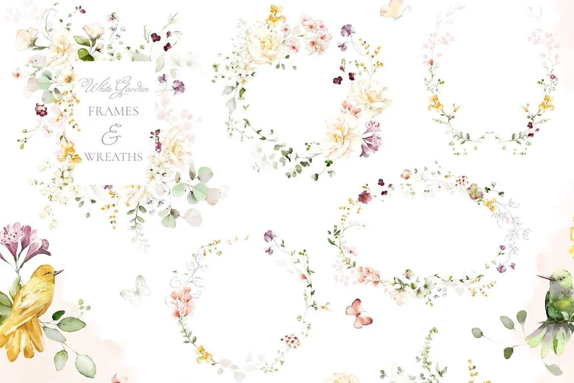 White roses & wildflowers floral set