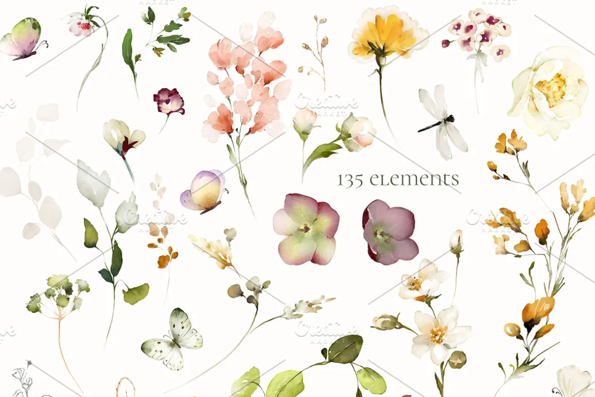 White roses & wildflowers floral set