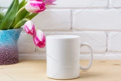 White coffee mug mockup with pink tu