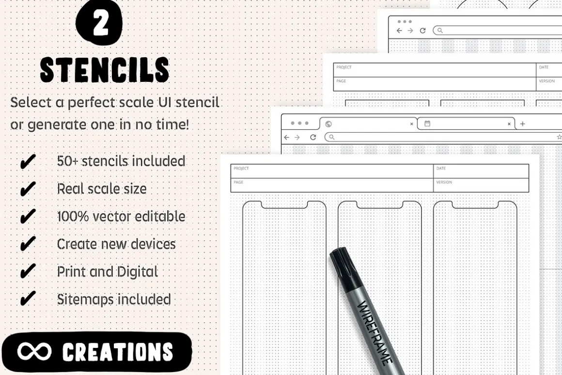 Wireframe Sketchsheet with Stencils