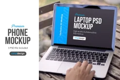 Wooden Table Outdoor Laptop Mockup