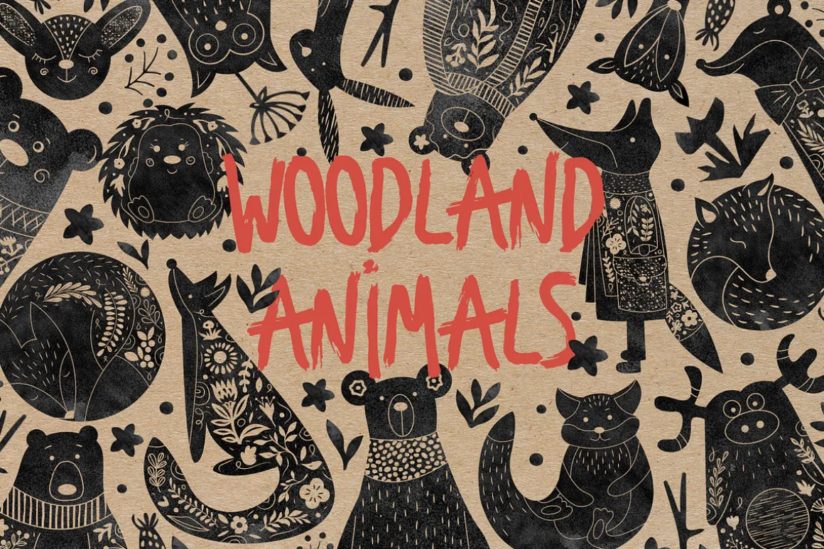 Woodland Animals. Linocut Style