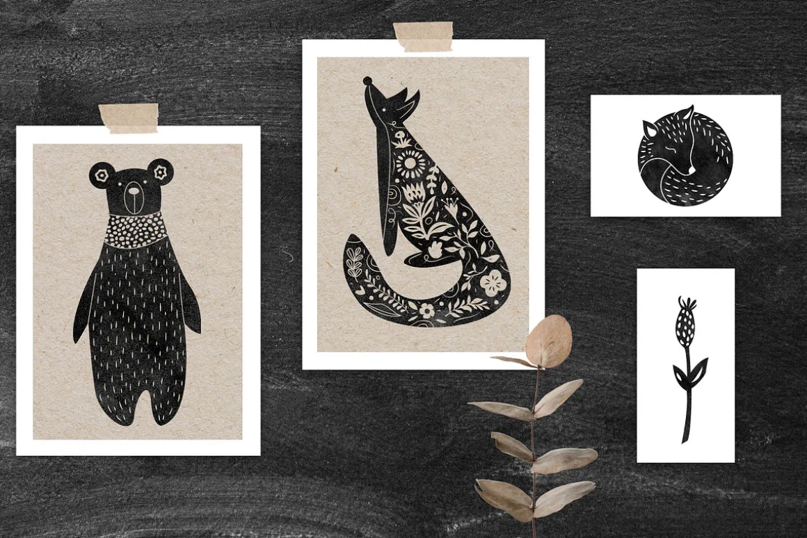 Woodland Animals. Linocut Style