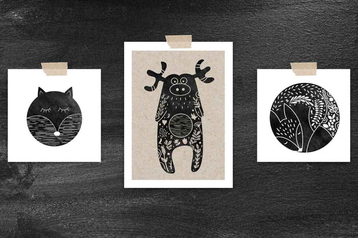 Woodland Animals. Linocut Style