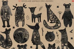 Woodland Animals. Linocut Style