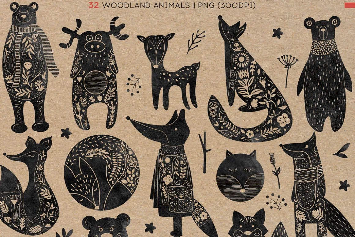 Woodland Animals. Linocut Style