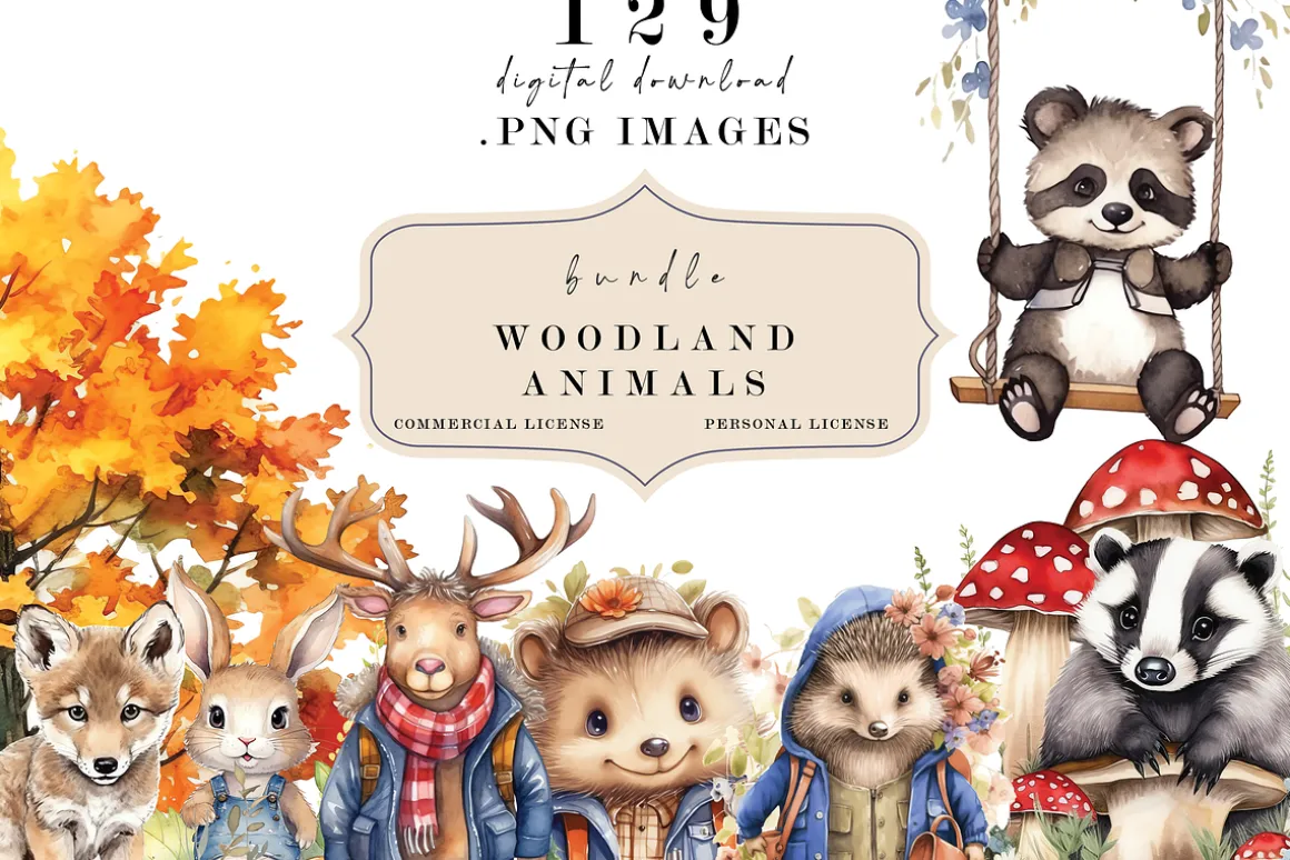 Woodland Watercolor Animals Clipart