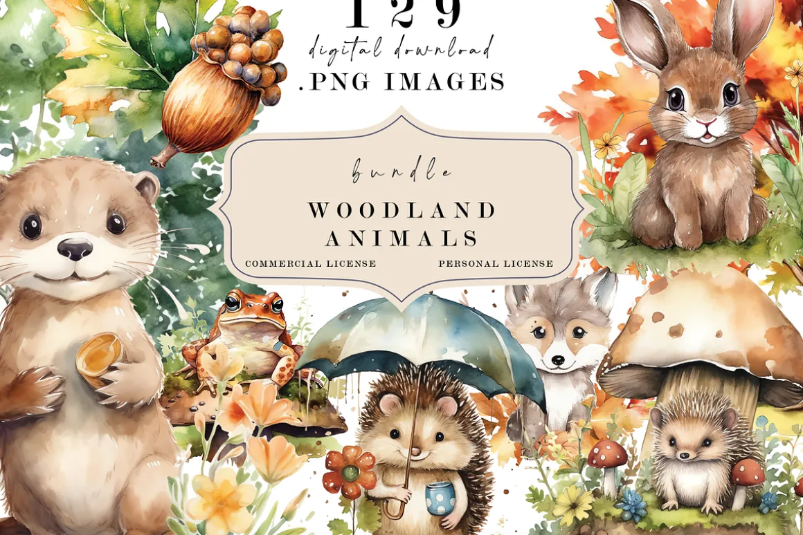 Woodland Watercolor Animals Clipart