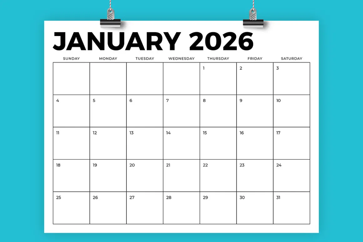2026 8.5 x 11 Inch Calendar Template