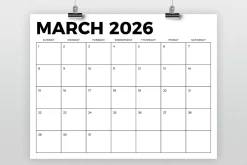 2026 8.5 x 11 Inch Calendar Template