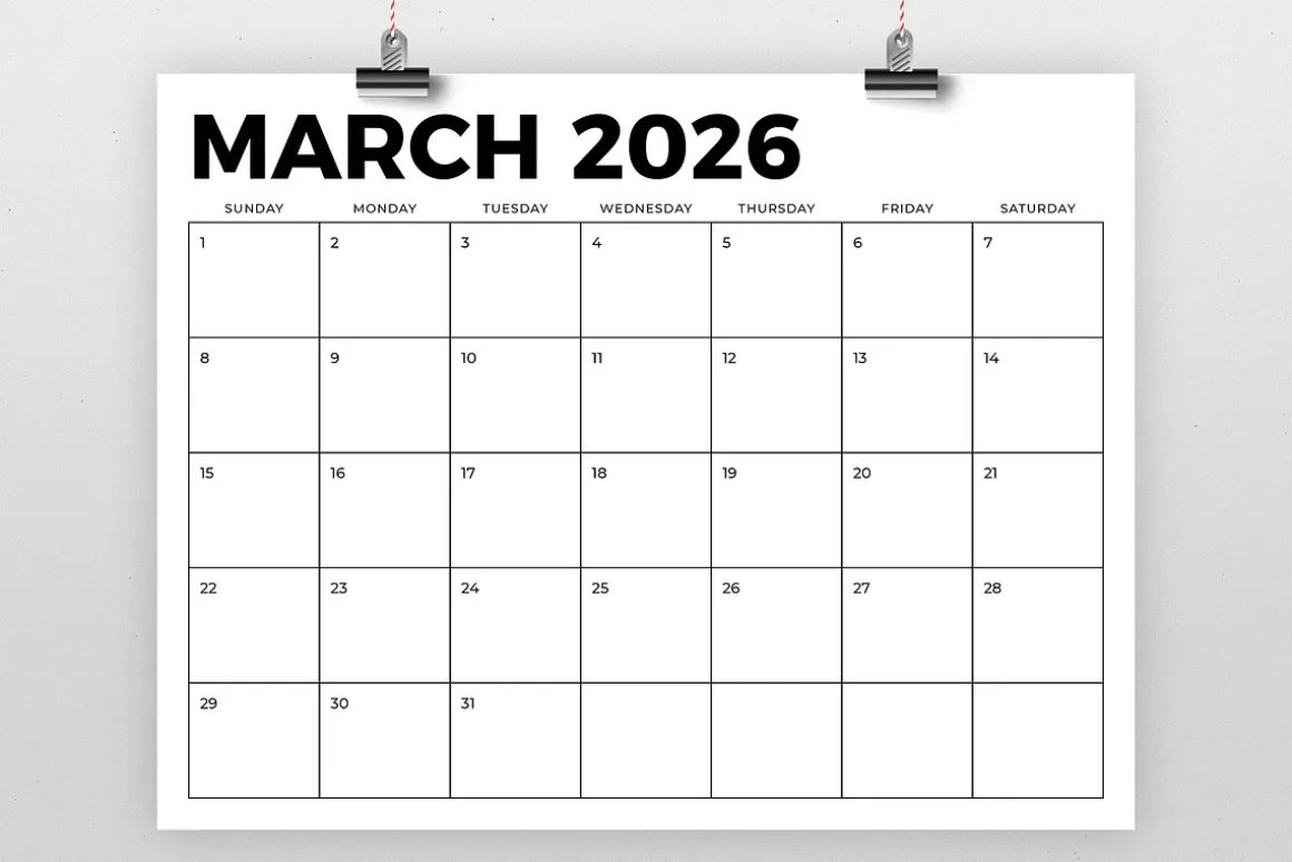 2026 8.5 x 11 Inch Calendar Template